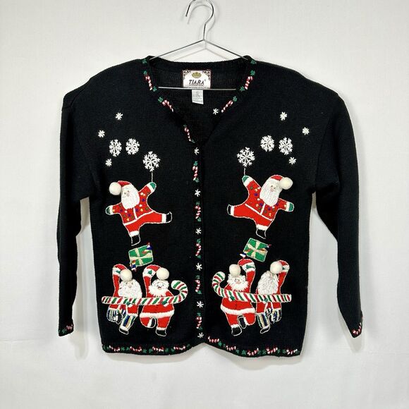 Tiara International Christmas Dancing Santa Claue Sweater pom poms vintage Large - Picture 1 of 10